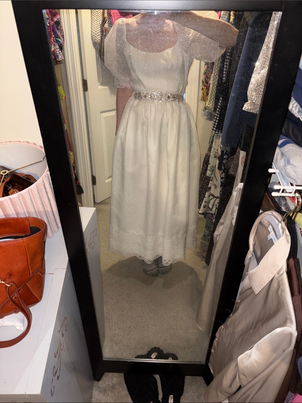 bianchi vintage Ivory Pleated Puff-Sleeve Dress with Beaded Waist band